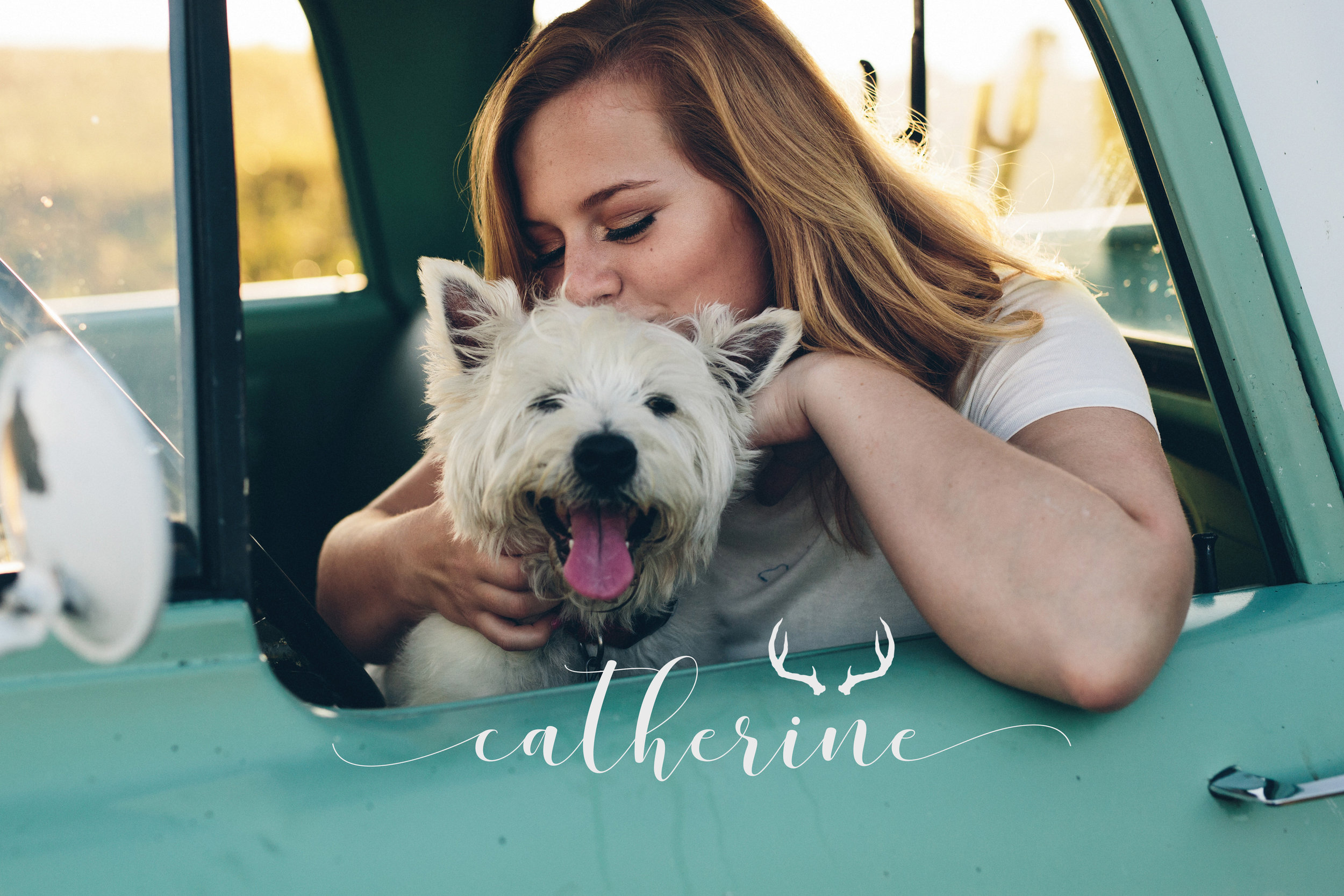  Editorial styles senior portrait session with a small dog and classic truck. 